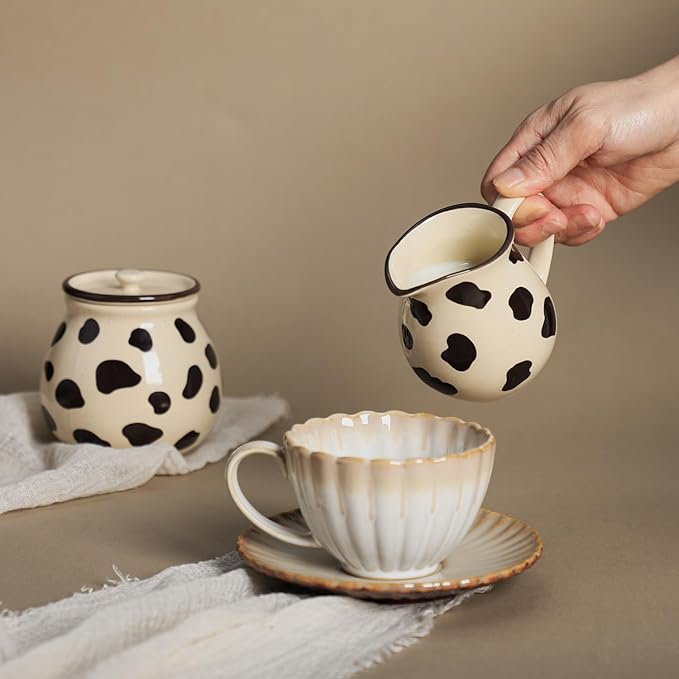 CHOOLD Retro Cow Pattern Creamer and Sugar Bowl Set, Cream Pitcher, Sugar Bowl with Lid, Coffee Serving Set