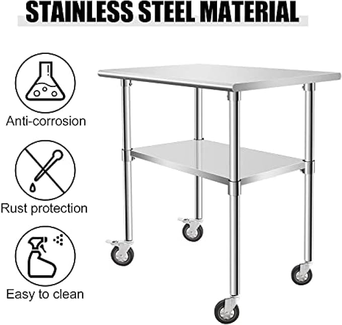 Stainless Steel Table - Metal Table Cart - Commercial Workbench with Caster Wheel - NSF Certified - for Restaurant, Warehouse, Home, Kitchen, Garage,36''x24''
