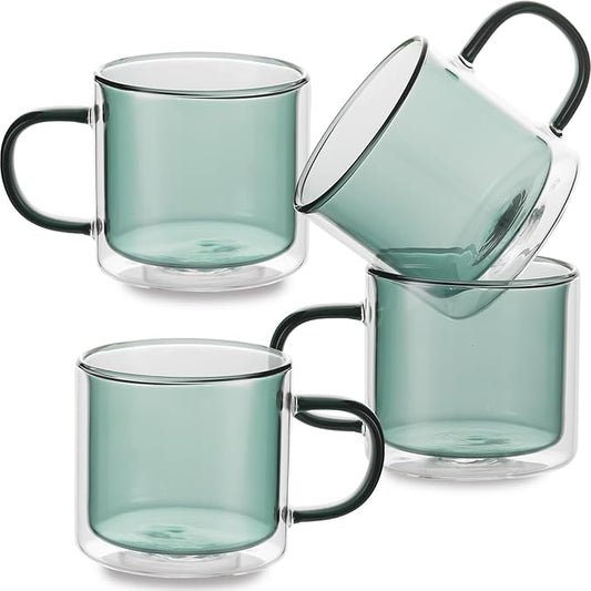 Double Wall Insulated Glass Tea Cups Set of 4, Clear Borosilicate Espresso Shot Cups for Espresso Machine, Glass Teacups Coffee Mugs with Handle for Cappuccino Latte, Green, 10OZ/280ML