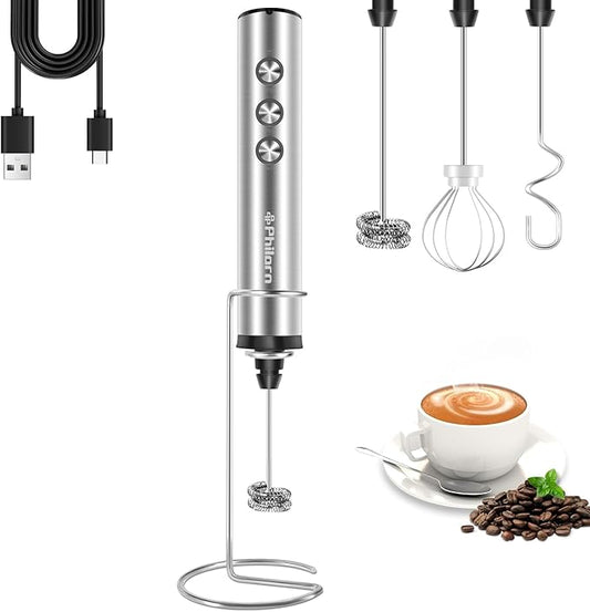 Philorn Coffee Rechargeable Frother With Stand, Handheld Frother Wand for Coffee with 3 Heads 3 Speed, Drink Mixer Handheld Electric Stirrer for Latte, Cappuccino, Matcha, Almond Milk