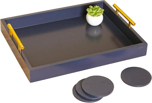 Decorative Tray with Polished Silver Metal Handles, Living Room Bathroom Coffee Bar Organizer Modern Tray for Decorative Accent Tray for Storage and Display (Sea Blue)