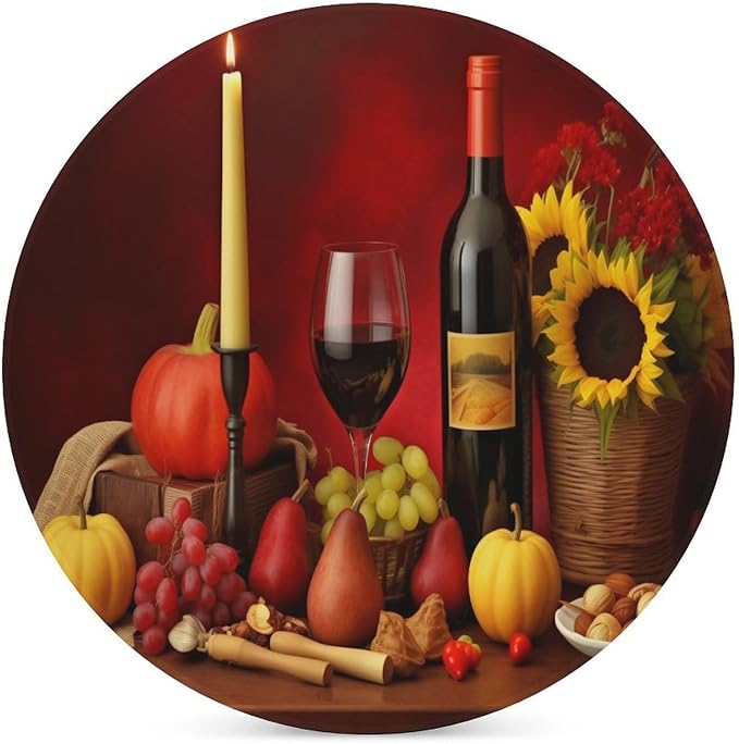 Round-6PCS Red Wine Drink Coasters, Round Modern Ceramic Absorbent Coasters, Vintage Style Floral Red Wine Grapes Sunflower Decor Desk Coffee Table Coaster for Beverage Cup Tea Coasters