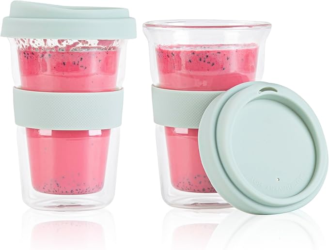 Restaurantware Glass Travel Mug 1 Count 14 Ounce Double Wall Borosilicate Reusable Coffee Cup, Spill-Resistant Mint Green Silicone Lid, Clear Drinkware Mug for Hot and Cold Beverages