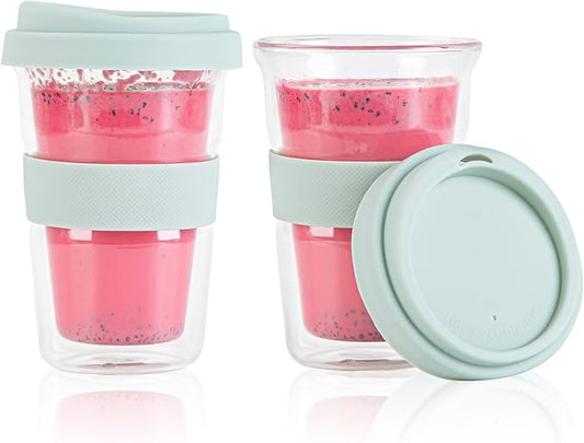 Restaurantware Glass Travel Mug 1 Count 14 Ounce Double Wall Borosilicate Reusable Coffee Cup, Spill-Resistant Mint Green Silicone Lid, Clear Drinkware Mug for Hot and Cold Beverages
