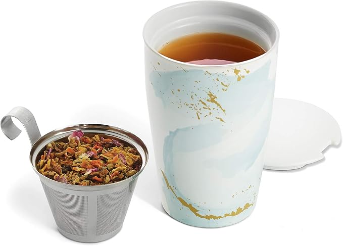 Tea Forte Double-Walled Ceramic Kati Cup, Removable Stainless Steel Infuser Basket and Lid, Steeps 12 oz Loose Leaf Tea, Dishwasher & Microwave Safe, Wellbeing