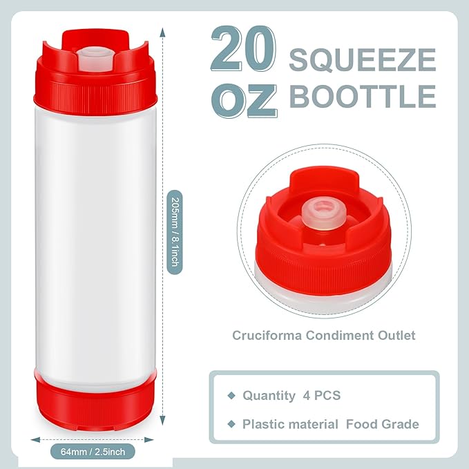 Didaey 4 Pcs Squeeze Bottles Refillable 20 oz, Inverted Plastic Tip Large Valve Dispenser Condiment Squeeze Bottle for Sauces Ketchup Sour Cream Self Sealing Syrup Dispenser for Restaurants (Red)