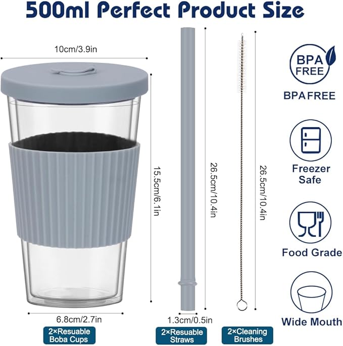 2 Pack Boba Tea Cup, 500ml/17oz Double Wall Plastic Tumbler with Straw and Lid, Leakproof Iced Coffee Smoothie Cup Bubble Tea Cup, Insulated Tumbler with Straw, Cool Gray and Indigo Blue