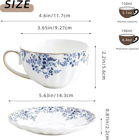 ceramic tea cups and saucers 6oz,floral tea cups for Coffee, Latte, Cafe Mocha and Tea (Little Blue Flowers)