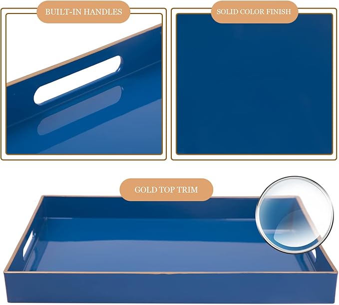 MAONAME Royal Blue Serving Tray with Handles, Rectangular Decorative Tray, Modern Coffee Table Trays, Plastic Ottoman Trays for Bathroom, Decor, 15.7” x 11.8” x 1.57"