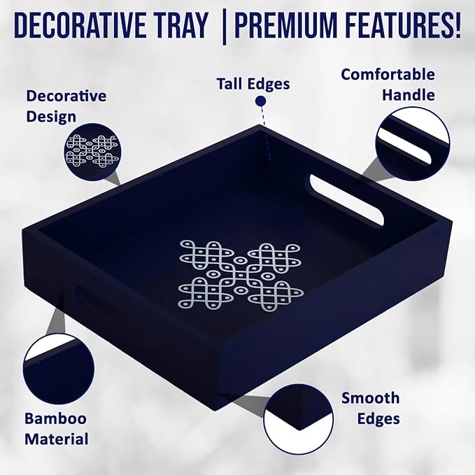 Coffee Table Tray - Decorative Trays for Home Decor - Serving Trays with Handles for Kitchen - Decor Tray - Indian Return Gift, Diwali, Pooja - 10" X 8" X 2" Size, in Blue and Brown (1, Blue)