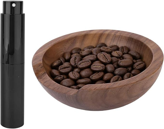 Coffee Bean Dosing Cup and Spray Bottle Set, Walnut Wood Round Bean Measuring Tray Espresso Spritzer Tools Accessories with Static Reduction Spray for Coffee Enthusiast