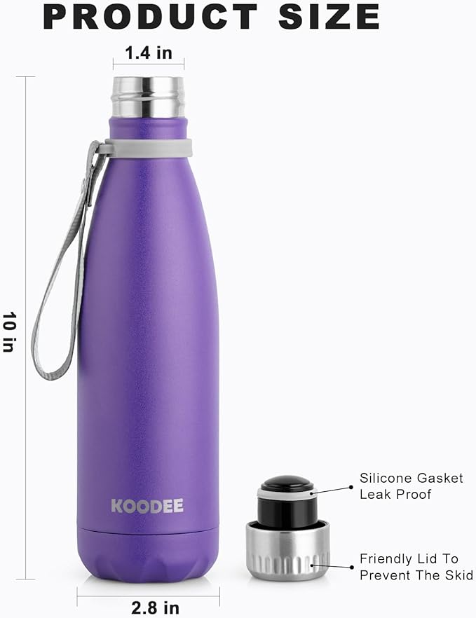 koodee Insulated Water Bottle 2 Pack-17 oz Stainless Steel Double Wall Vacuum Leak Proof Sports Water Bottle, BPA Free Water Bottle (2 Pack Purple)