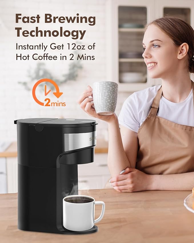 SIFENE Mini Single Serve Drip Coffee Maker – 2-in-1 Portable Machine for K-Pods & Grounds. Fast Brew, Easy Clean, Auto Shut-Off, Water Window, Descaling Reminder. BLACK
