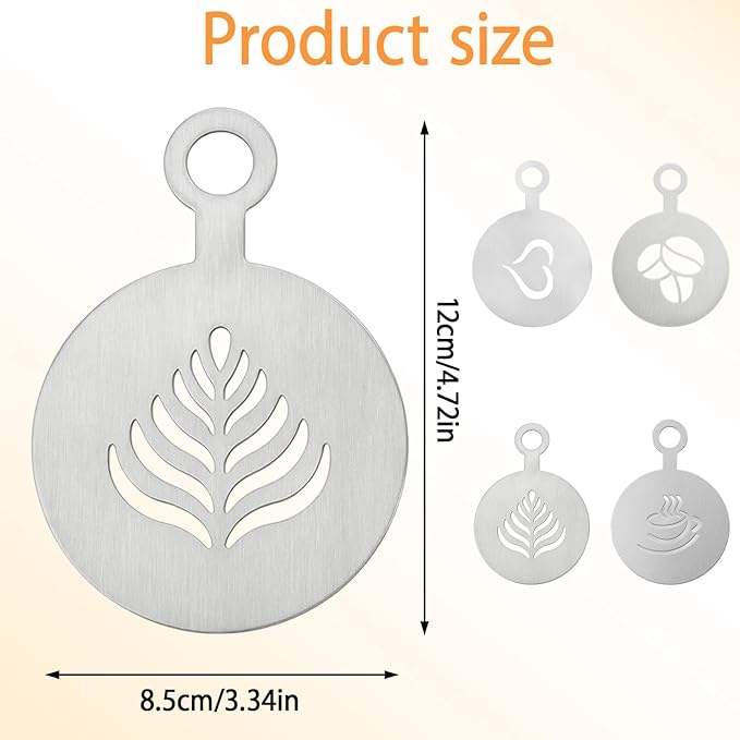 4 Pcs Stainless Steel Coffee Stencils with Various Patterns for Cappuccino Chocolate Lattes Cake Decorating, Coffee Shop and Home Use
