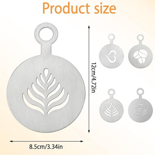 4 Pcs Stainless Steel Coffee Stencils with Various Patterns for Cappuccino Chocolate Lattes Cake Decorating, Coffee Shop and Home Use