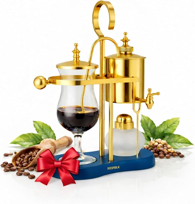 Nispira Belgian Balance Syphon Vacuum Coffee Maker, 500ml Vintage Gravity Brewing System, Gold & Peacock Blue Finish, Manual Tabletop Coffee Brewer