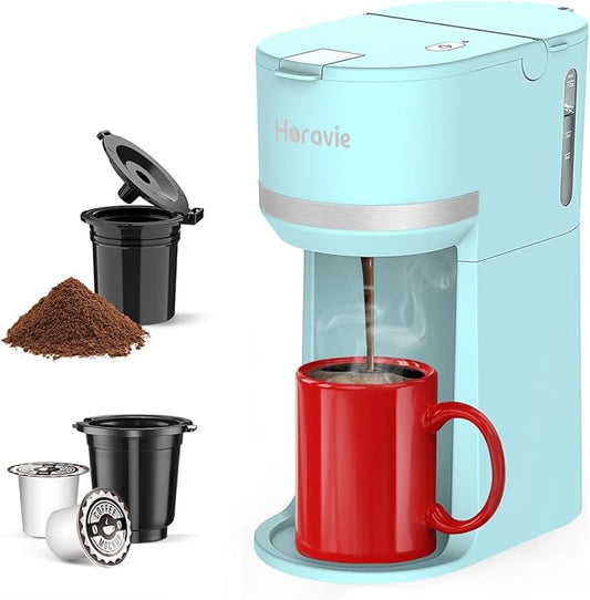 Horavie Mini Single Serve Coffee Maker for K Cup and Ground Coffee, Fast Brew One Cup Coffee Machine with Descaling Reminder and Water Window, 6 to 12 oz. Brew Sizes, Light Blue