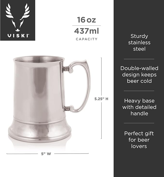 Viski Stainless Steel Beer Stein, Double-Walled Mug with Handle, Drinking Glass for Lagers, Pilsners, Craft Beers, Birthday Gifts for Men, Beer Lovers, Game Night, Home Bar, 16 oz, Set of 1