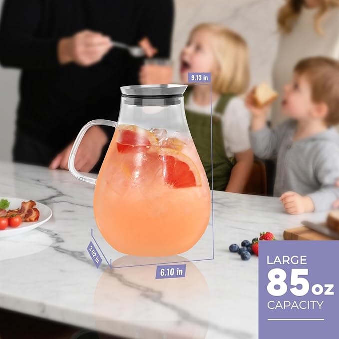 Glass Pitcher With Lid, 2.5 Liter 85 oz Glass Water Pitcher For Fridge, 0.66 Gallon Pitchers With Handle And Lid, Tea Jug Carafe Jar For Hot/Iced Water Milk Juice Coffee Fruit