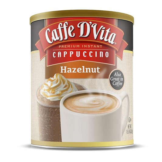Caffe D'Vita Instant Hazelnut Cappuccino Mix - Instant Hazelnut Ground Coffee Beans, Gluten Free, No Cholesterol, No Hydrogenated Oils, No Trans Fat, 99% Caffeine Free - 1 Lb Can