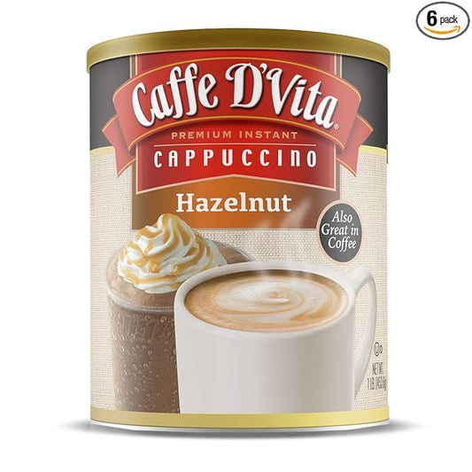 Caffe D'Vita Hazelnut Cappuccino - Instant Coffee Powder Mix, Gluten Free, No Cholesterol, No Hydrogenated Oils, No Trans Fat, 99% Caffeine Free - 16 Oz Can, 6-Pack