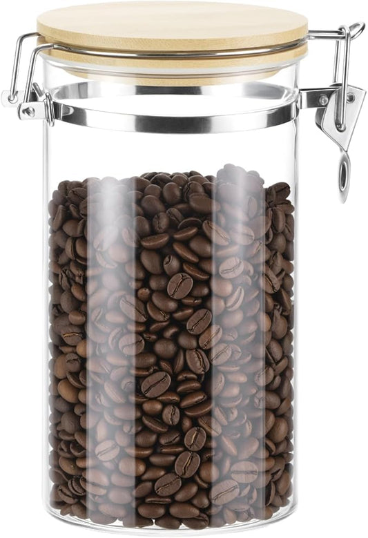 QWORK Clear Borosilicate Glass Storage Jar with Airtight Bamboo Lid & Locking Clamp, 40oz / 1200ml Kitchen Canister for Coffee Beans, Loose Tea, Sugar, Flour, Nuts, Thickened Sealed Container