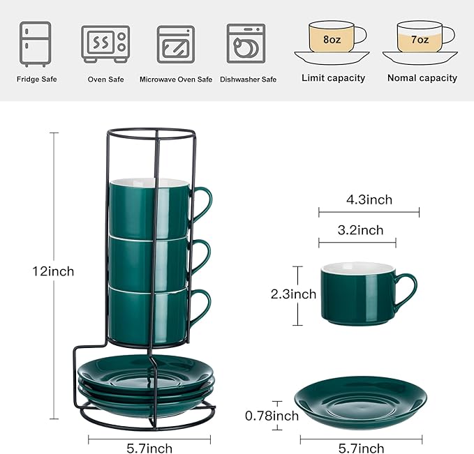 Meichu 8oz Porcelain Stackable Cappuccino Cups with Saucers and Metal Stand Set of 4, Cappuccino Cups Set of 4, Green Coffee Cups for Espresso, Specialty Coffee Drinks, Latte, Americano and Tea