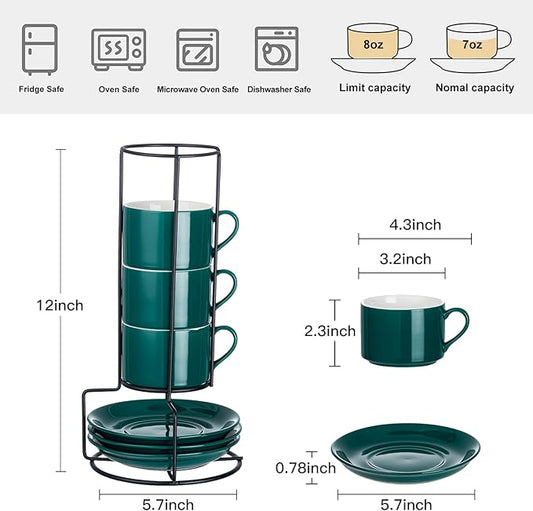 Meichu 8oz Porcelain Stackable Cappuccino Cups with Saucers and Metal Stand Set of 4, Cappuccino Cups Set of 4, Green Coffee Cups for Espresso, Specialty Coffee Drinks, Latte, Americano and Tea