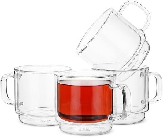 BTaT- Double Walled Stackable Glass Coffee Mugs, 12 oz, Set of 4, Glass Coffee Cups with Handle, Insulated Clear Coffee Mug for Hot and Cold Beverages, Cappuccino, Latte, Tea, Americano