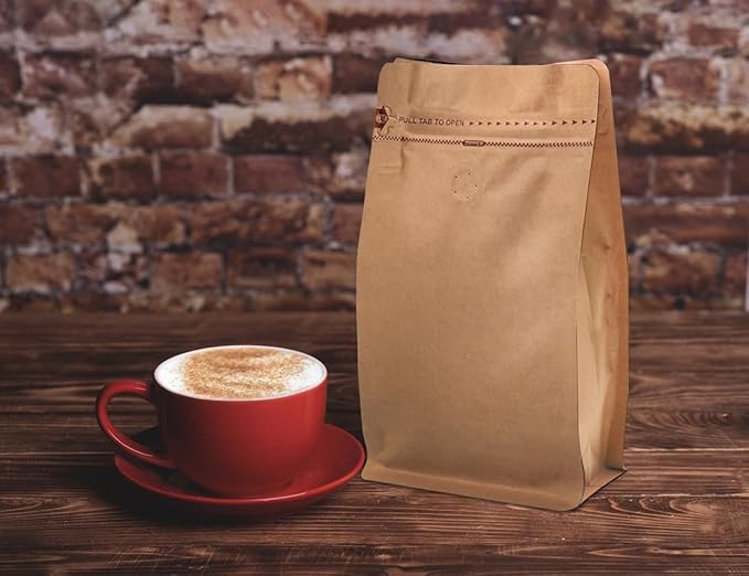 Resealable Kraft Paper Coffee Bags with Degassing Valve, Flat Bottom Side Gusset Stand Up Pouches with Zipper Lock (Pack of 100, Size for 16 oz/500 grams Beans or Ground)