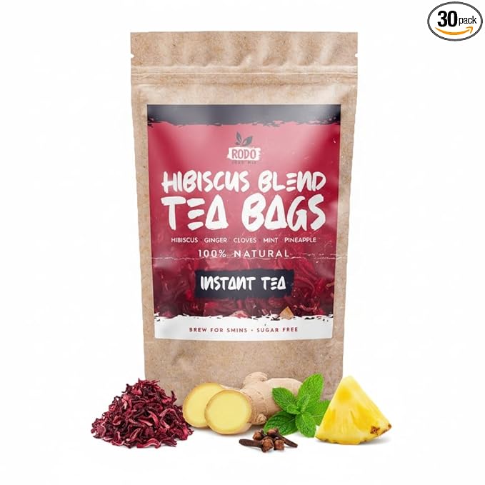 Hibiscus Tea Bags - 30 Count Premium Hibiscus Tea | Caffeine-Free | Sugar Free | Refreshing Wellness Herbal Tea Blend with Ginger, Mint, Cloves & Pineapple