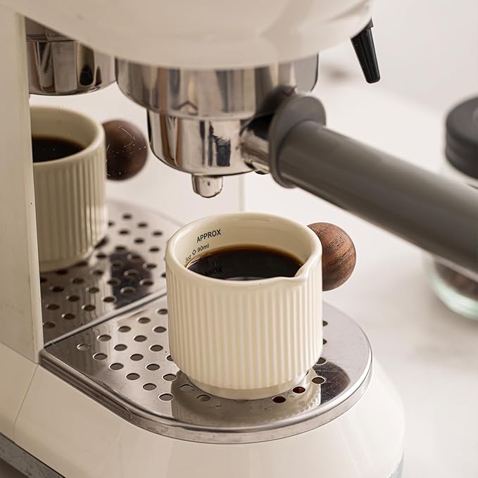 KEMORELA Demitasse Cups, Espresso Cups Set of 2, 3oz Double Spouts, Ceramic Espresso Cups, 90ml with Ounce & Milliliter Markings, Durable Heat-Resistant, Espresso Accessories for Coffee Lovers