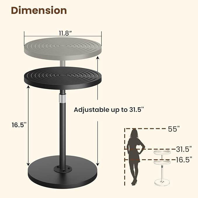 Round Side Table, Adjustable-Height Drink Table for Small Spaces, Pedestal Martini Table, Cocktail Tables Weighted Base for Living Room, Bedroom, Bathroom, Office, Black