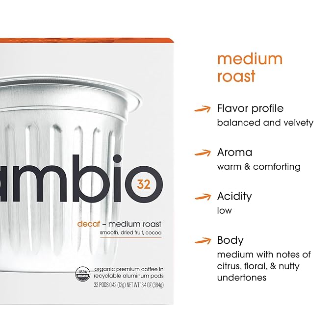 Cambio Roasters Organic Coffee Pods - Decaf Medium Roast, The Only Organic Recyclable Aluminum Coffee Pods, Small Batch Roasted, Keurig Compatible, for Any Time of Day, Longer Lasting Freshness, 60 Count