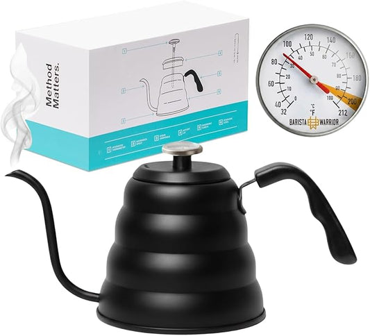 Barista Warrior Gooseneck Kettle for Pour Over Coffee and Tea with Thermometer for Exact Temperature, Precision Pour Drip Spout, Compatible with all Stove Tops (Matte Black, 1.2 Liter, 40 fl oz)