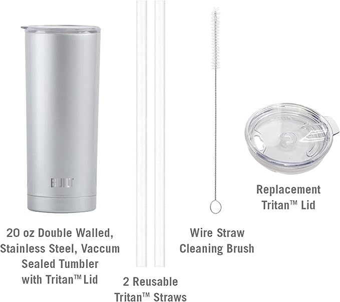 BUILT Double Walled Stainless Steel Tumbler Set with Replacement Lid, 2 Reusable Tritan Wire Straw Cleaning Brush in Gift Box, 20-ounces