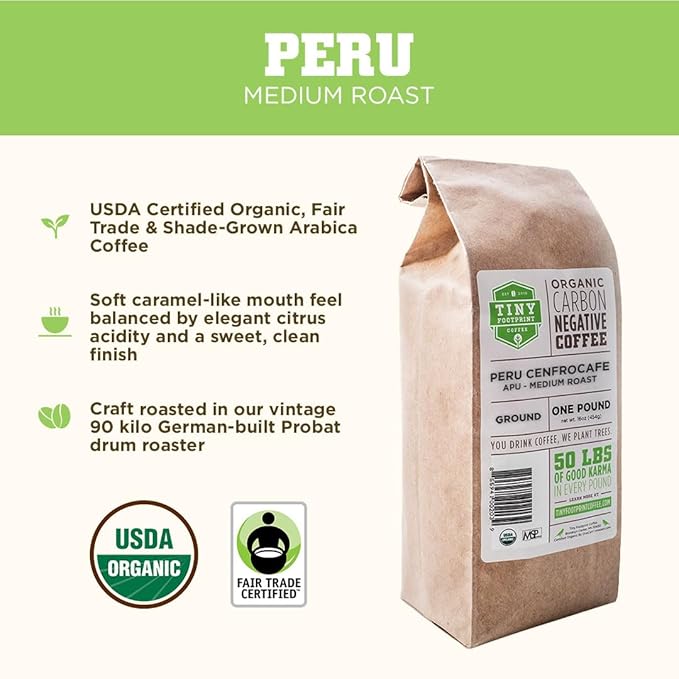 Tiny Footprint Coffee - Peru, Medium Roast, USDA Organic Ground Coffee, Fair Trade Certified - 16 Ounce