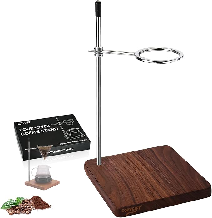 COZYGIFT Pour Over Coffee Maker Stand with American Black Walnut Base, Stainless Steel Adjustable Dripper Holder, Wooden Brewing Station, Cone Brewer Rack, Barista Accessories & Kitchen Coffee Décor