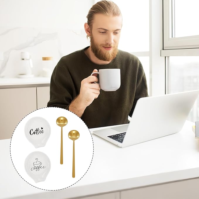 2 Pcs Coffee Spoon Rest, Monogram Ceramic Spoon Holder for Tablespoon, Teaspoon, Bar Spoon, With 2 Pcs Spoon for Coffee Lovers Girlfriend Wife Husband Anniversary Friends