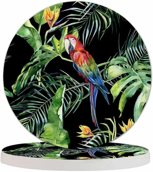 Scarlet Macaw Parrot Coaster for Drinks Individual Tropical Jungle Bird Animal Leaf Floral Botanical Palm Tree Presents for Housewarming Birthday and Family 100% Diatomite 4''X 4'',2 Pack