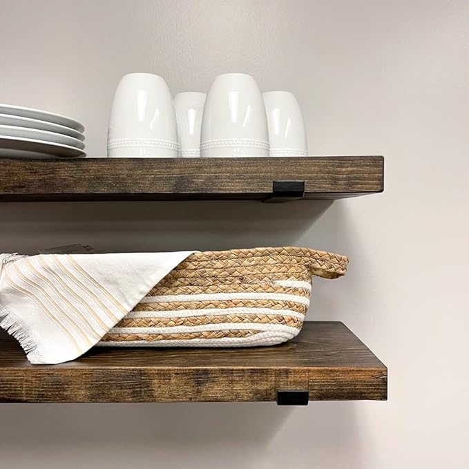 Rustic Shelves with J-Brackets Set of 2, Industrial Shelf, Kitchen Shelves, Solid Wood, Decorative Wall Storage, Heavy Duty, URBANDI (Dark Brown, 12Wx10D)