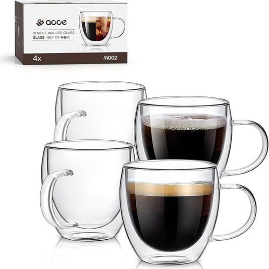 Espresso Cups Set of 4,5oz Hand Blown Double Walled Insulated Espresso Coffee Mugs with Handle,Perfect for Cappuccino, Latte, Tea, Clear Glass Espresso Shot Cups Suitable for Coffee