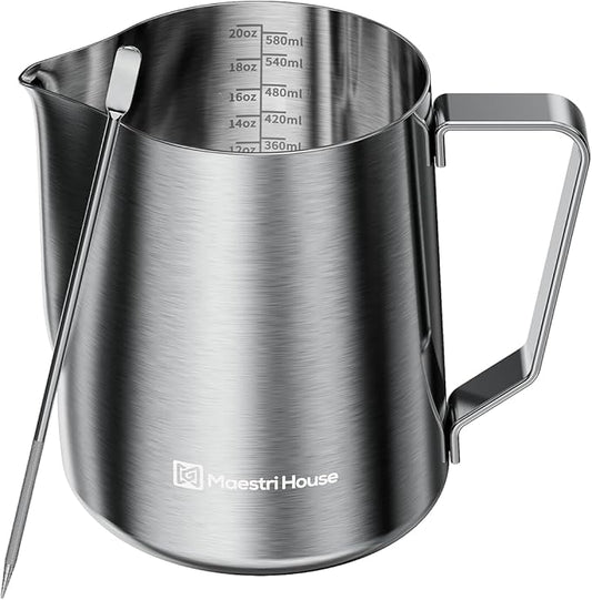 Milk Frothing Pitcher, 20oz Espresso Steaming Pitcher Milk Frother Cup, Milk Coffee Cappuccino Latte Art, 304 Stainless Steel Jug Cup with Decorating Art Pen