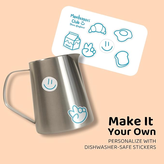 APLAINR Montessori Pitcher for Toddlers & Kids, Mini Stainless Steel Pitcher for Children, Small Milk & Water Jug for Montessori Pouring Practice, Personalize with Stickers, 11 fl oz, 3.8 inch High