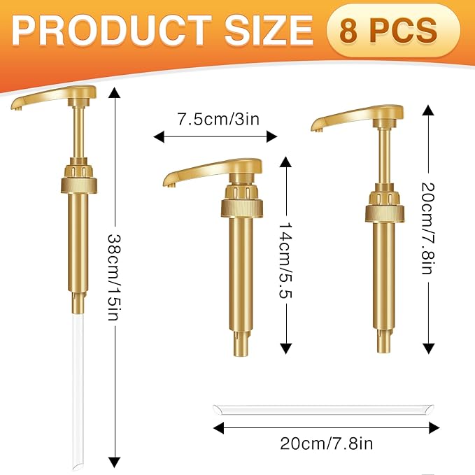VOISEN Coffee Syrup Pumps, 8 Pack Gold Syrup Pump, Skinny Syrup Pump for 750ml 25.4oz Syrup Bottle, Syrup Pump Dispenser for Kitchen Dinning Coffee Bar Drinking Mixes,Davinci,Jordans