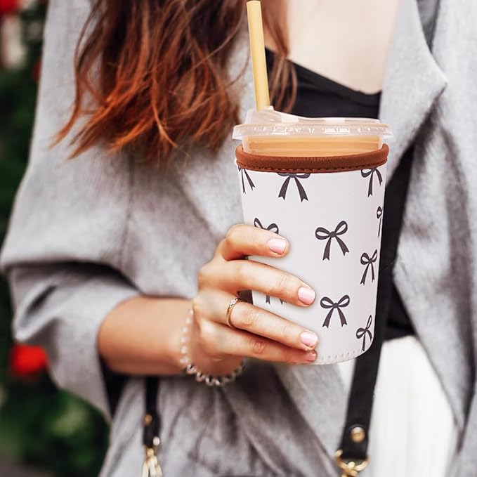 Reusable Insulated Neoprene Iced Coffee Cup Sleeve, Durable Drink Sleeve for Cold Beverages, Beverage Holder for Iced Coffee, Cream Bow