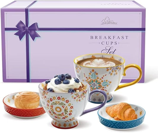 Coffee Mug Set With 2 Coffee Cups 2 Saucers, Underglaze Hand-Painted Vintage Creativetea 15 OZ large Tea Cup For Breakfast oatmeal milk And Cereal Cups