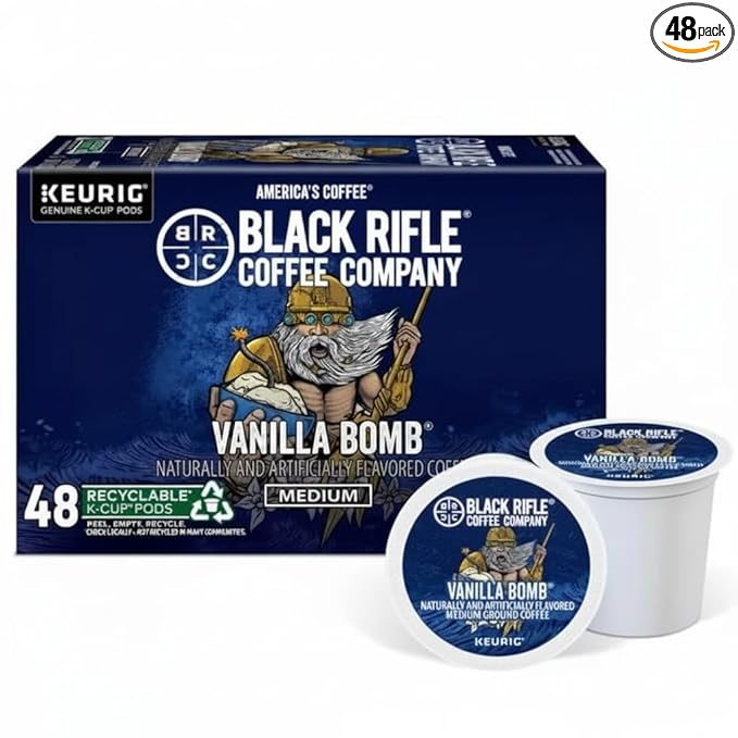 Black Rifle Coffee Company Vanilla Bomb 48 Count K Cups - Vanilla‑Flavored Medium Roast Coffee - Single-Serve Coffee Pods