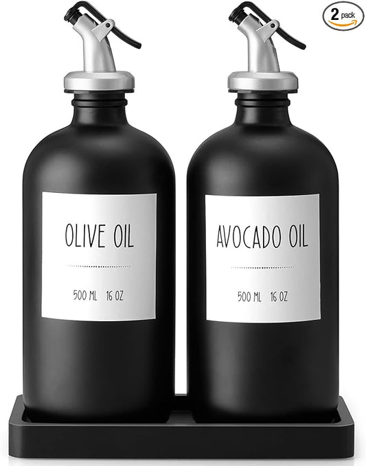Olive Oil Dispenser Bottle for Kitchen, 16oz Glass Oil and Vinegar Cruet Set with Wood Tray & 54 Labels - Coffee Syrup Dispenser - Black Kitchen Decor and Accessories - Set of 2
