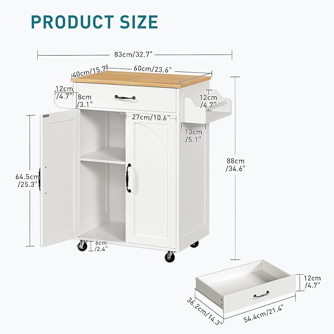 Kitchen Island Cart, Small Kitchen Island with Storage Cabinet and Drawer, Rolling Kitchen Cart on Wheels with Spice Rack and Towel Rack, for Kitchen, Dining Room, White and Natural